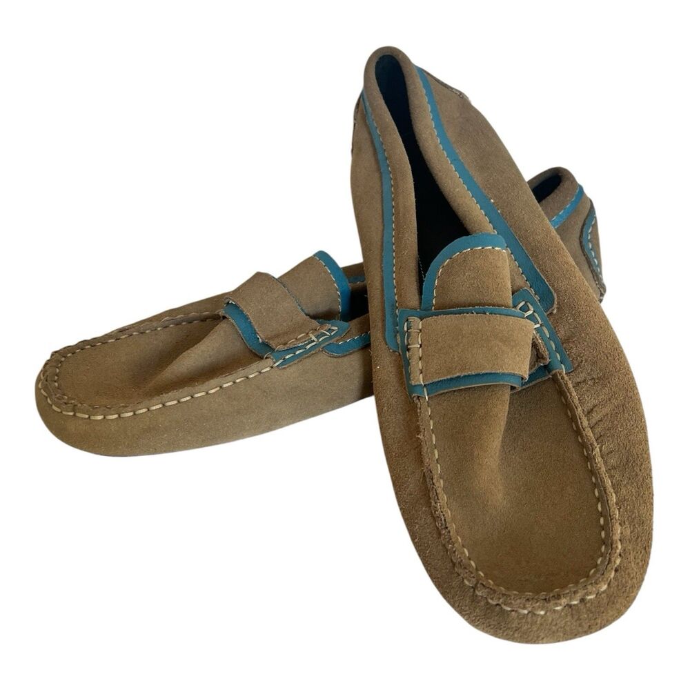Bugatchi Italian Suede Driving Shoes Men's Six 11 Tan & Blue Comfort Moccasins